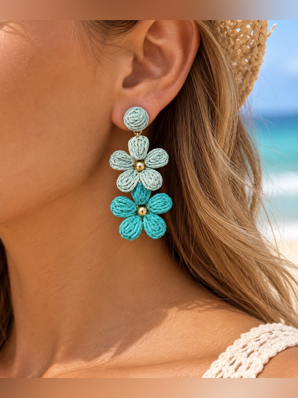 Turquoise & Mint Raffia Drop Earrings Boho Tropical Resort Statement NWT